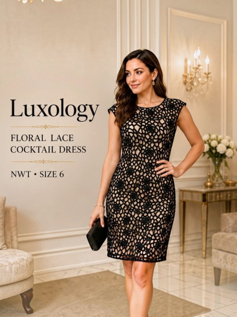 Luxology Black Lace Overlay Cocktail Dress Open Back Size 6 NWT